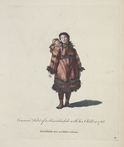 Common habit of a Kamtchadale with here child in 1768. Kamtchadale dans son habit ordinaire.