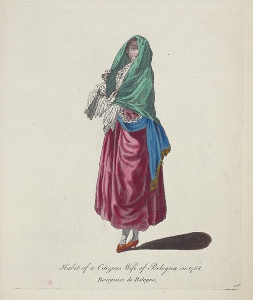 Habit of a citizen’s wife of Bologna in 1768. Bourgeoise de Bologne.