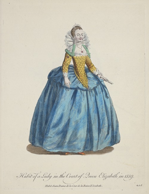 Habit of a lady in the court of Queen Elizabeth in 1559. Habit d’une dame de la cour de la Reine Elizabeth.