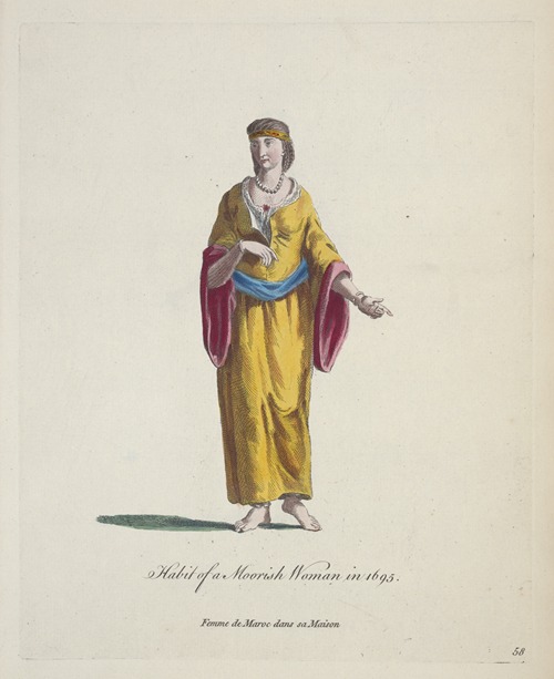 Habit of a Moorish woman in 1695. Femme de Moroc dans sa maison.