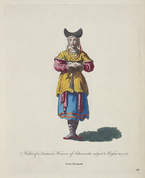 Habit of a Tartarian woman of Schouvache subject to Russia in 1768. Femme Schouvache.
