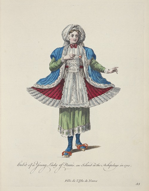 Habit of a young lady of Naxis an island in the Archipelago in 1700. Fille de l’Isle de Naxos.