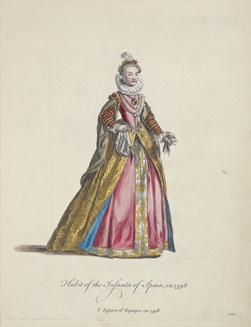 Habit of the infanta of Spain in 1568. L’Infante d’Espagne en 1598.