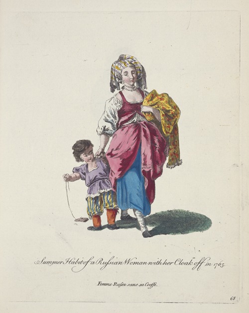 Summer habit of a Russian woman with her cloak off in 1765. Femme Russe sans sa coesse.
