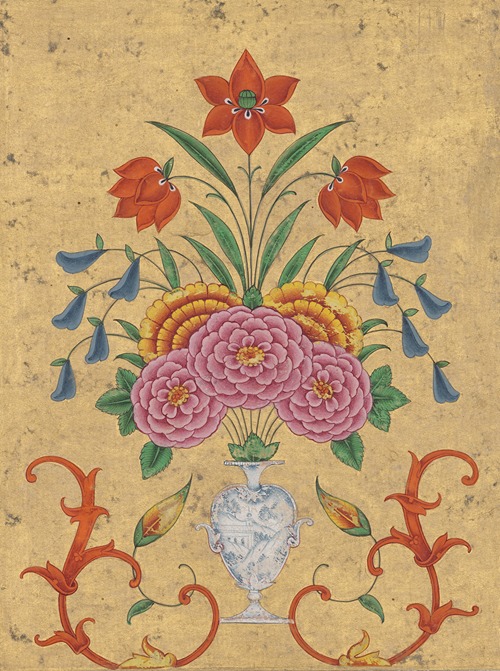 Vase with flower arrangement and scrollwork