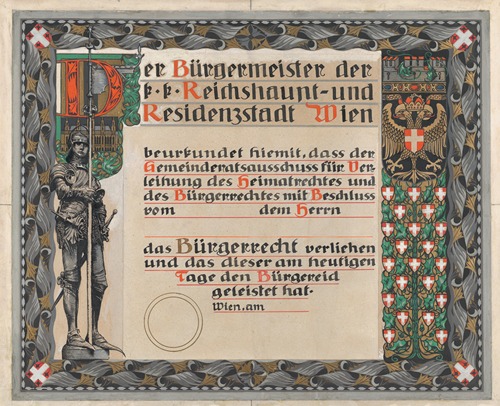 Design for a certificate of citizenship, awarded by the city of Vienna