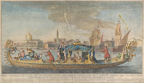 The highly ornamented first gondola of Ambassador Giovanni Battista Colloreado entering Venice