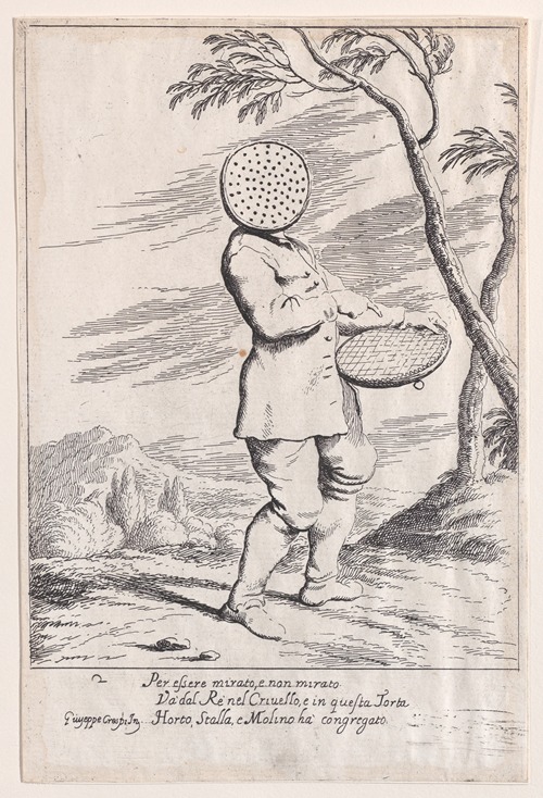 Plate 2; Bertoldo holding a tart in his hand and wearing a sieve on his head