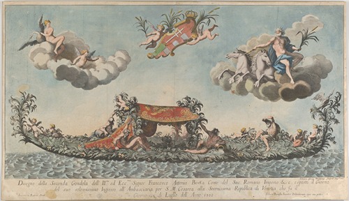 The highly ornamented second gondola of Francesco Antonio Berka entering Venice