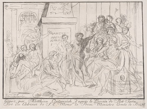 Classical scene of figures gathered around an orator at right