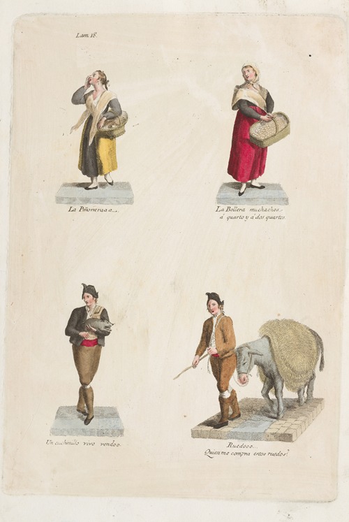 Plate 18; four street vendors from Madrid selling food, a pig etc