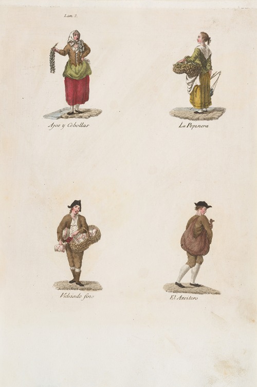 Plate 2; four street vendors from Madrid selling garlic and onions, cucumbers, fine crockery, oil