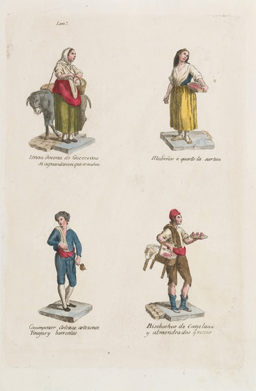 Plate 7; four street vendors from Madrid selling eggs, straweberries, containers, cinamon flavored sweets