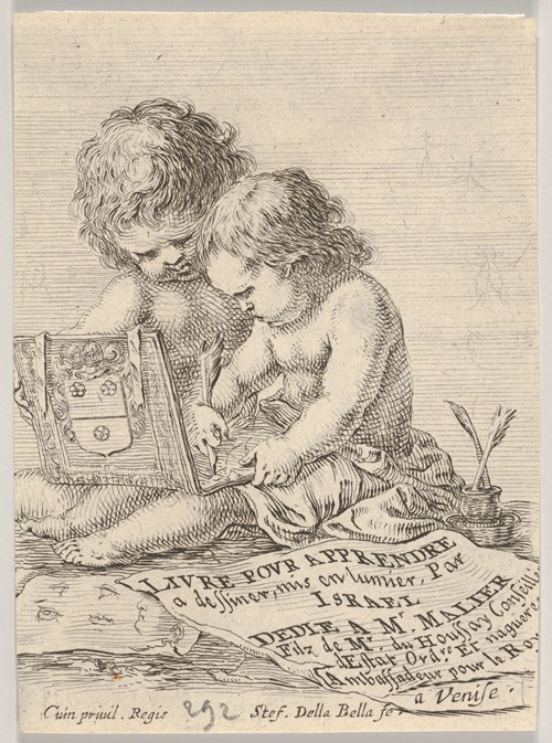 Plate 1; two children sitting on the ground, the child on the right drawing while the child on the left holding the album