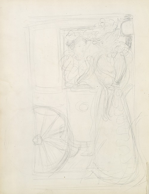 Two women stopping to converse with an acquaintance riding in a carriage.