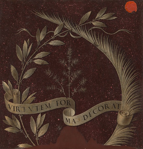 Wreath of Laurel, Palm, and Juniper with a Scroll inscribed Virtutem Forma Decorat
