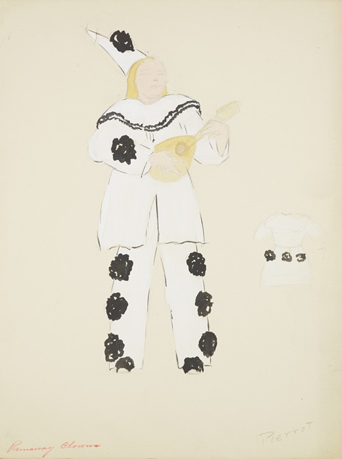 Runaway Clown: Pierrot. White costume with black puffballs and conical hat. Lute