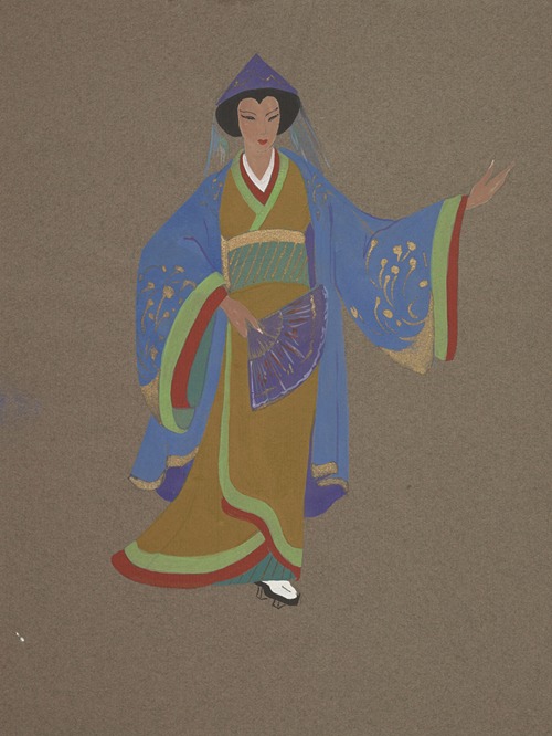 The Mikado: Orange kimono with green and red edges tied with a green striped obi