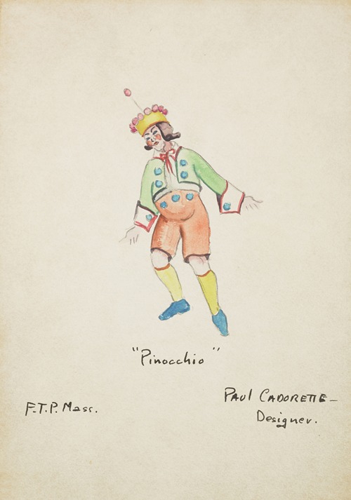 Pinocchio: Green coat, white shirt, peach pants, yellow stockings, and yellow hat
