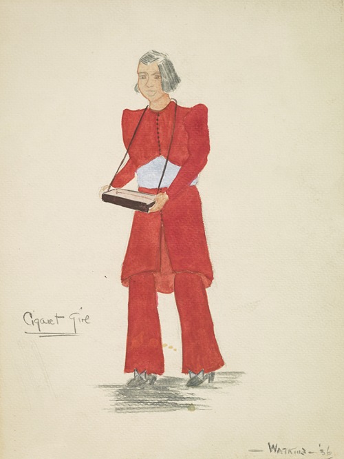 Case of Philip Lawrence: Cigarette Girl red outfit with silver-blue belt carrying a tray
