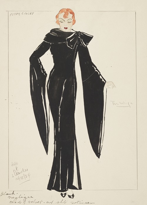 Silent System: The Wife. Black gown with high collar and trailing sleeves.