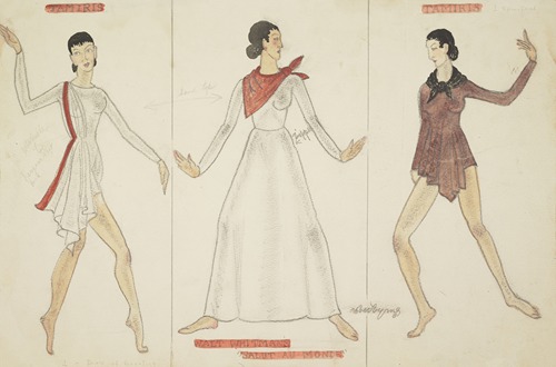 Salut au Monde: White unitard with red drape. White gown with red kerchief. Brown unitard with black kerchief