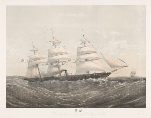 Japans stoomoorlogsschip varend op zee Stoom oorlogschip van 26 stukken, der Keizerlijke Japansche Marine