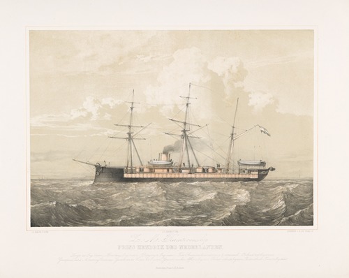 Ramtorenschip Prins Hendrik der Nederlanden varend op zee Z.M. Ramtorenschip Prins Hendrik der Nederlanden