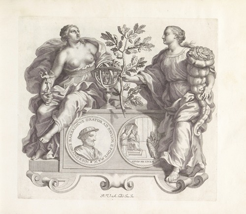 Portret van Girolamus Barbarigo en de personificaties Roem en Welvaart