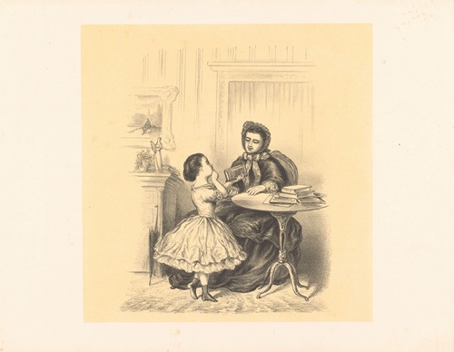 Interieur met een meisje dat haar moeder een boek aanreikt