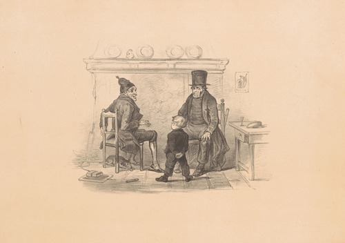 Twee mannen en jongen bij een open haard
