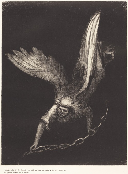 Apres cela je vis descendre du ciel un ange qui avait la clef de l’abime, et une grande chaine en sa main