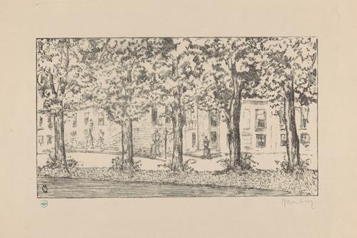Gezicht op het bordes van Paleis Huis ten Bosch tussen een rij bomen Huis ten Bosch I