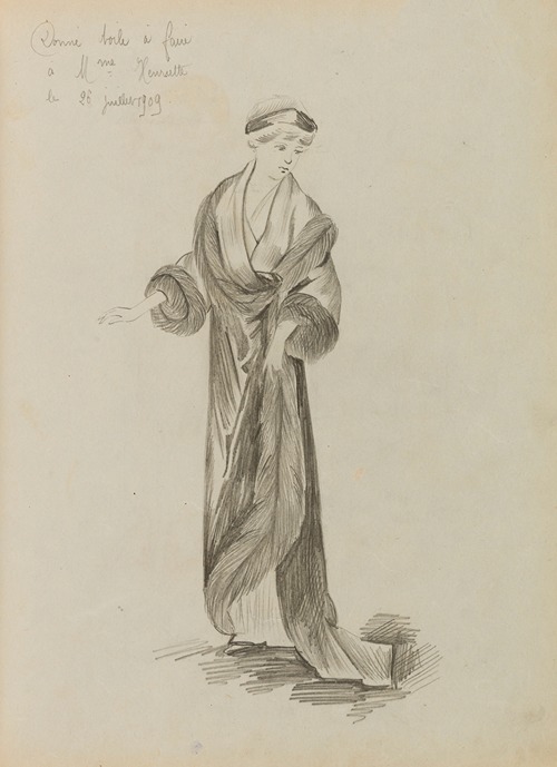 Figure de femme de trois quarts portant un manteau sur robe longue