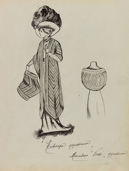 Figure de femme de trois quarts portant une écharpe et un manchon sur une robe longue et un grand chapeau