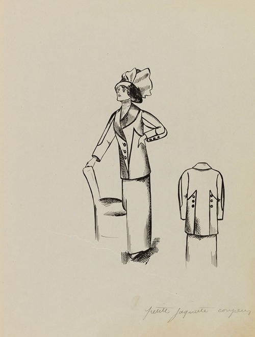 Figure de femme de trois quarts portant une jaquette avec longue jupe et un chapeau