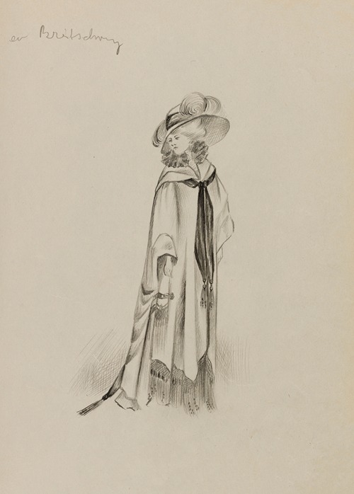 Figure de femme de trois-quart portant un manteau sur robe longue et un grand chapeau 1