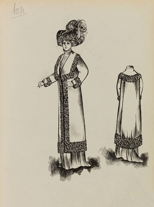 Figure de femme de trois-quart portant un manteau sur robe longue et un grand chapeau 11