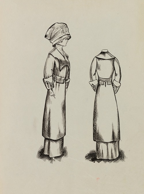 Figure de femme de trois-quart portant un manteau sur robe longue et un grand chapeau 12