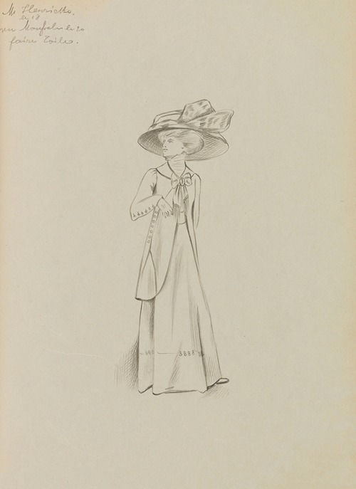 Figure de femme de trois-quart portant un manteau sur robe longue et un grand chapeau 2