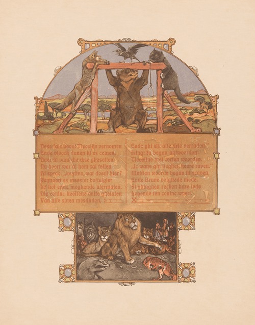Fox (Reinaert), bear (Bruun), cat (Tybeert) and raven (Tiecelijn) at the gallows