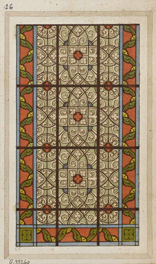 Détail de vitrail (partie inférieure de fenêtre) entrelacs sur fond gris, entourage à fond rouge, feuilles vertes et r