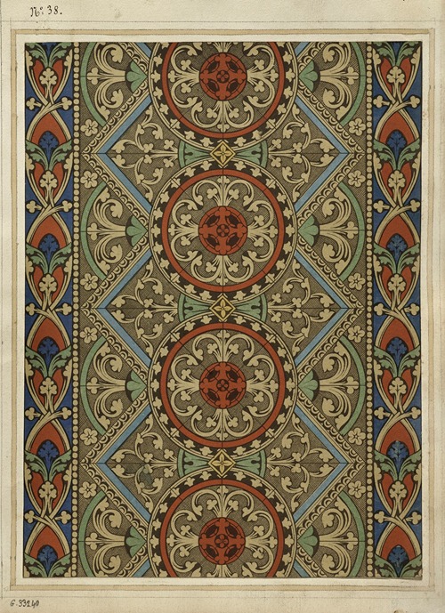 Détail d’une fenêtre rosaces rouges sur fondgris, entourage à fond bleu et rouge