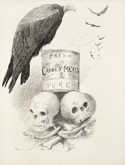 A can of ‘Fresh Canned Meats’ sits on top of human bones. Vultures circle the can, and one sits on it.