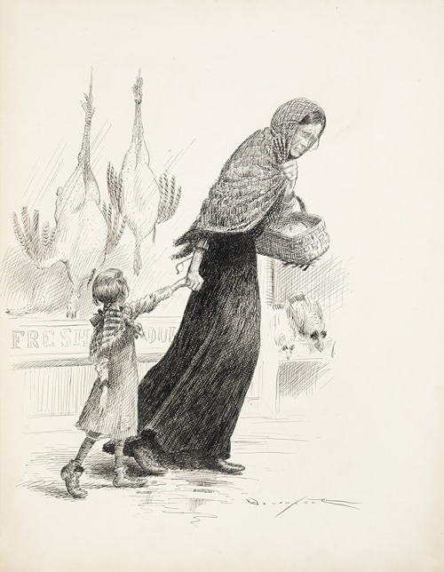 A worn woman with an empty shopping basket pulls a young girl passed a shop with fresh foul for sale.