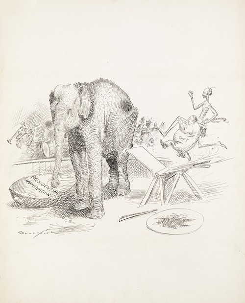 At a circus, Taft and Fairbanks run on a ramp to try to jump over an elephant and land in a bowl labeled ‘Presidential Nomination’