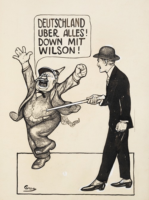 A man uses his cane to poke a fat man who is shouting ‘Deutschland uber allies! Down mit Wilson!’