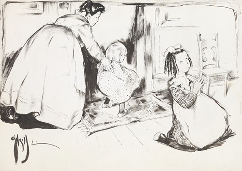 A young girl kneels to pray, while behind her a woman guides a younger girl towards an empty chair.