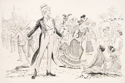 A pleased Uncle Sam monitors the embarkation of American troops from the Philippines at the end of the Spanish-American War