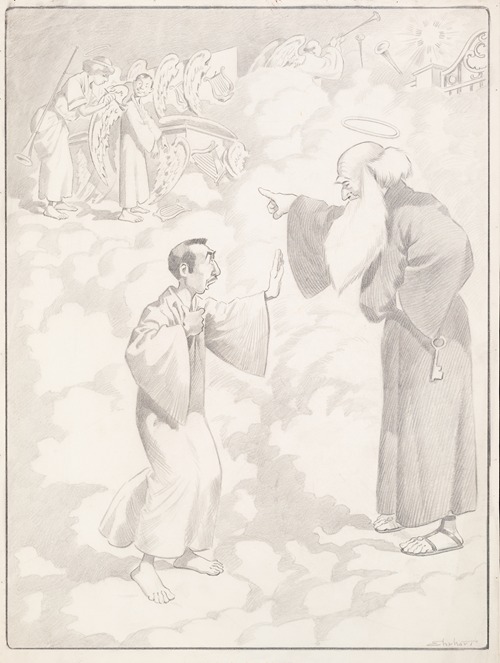 Saint Peter directs a reluctant man toward Heaven where an angel applies wings and distributes harps.
